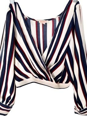 Solaris Style Navy, Red & Cream Striped Wrap Blouse
